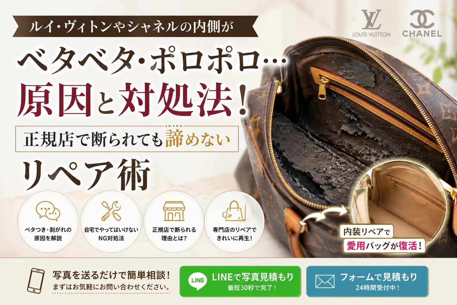 ルイ・ヴィトンやシャネルの内側がベタベタ・ポロポロ…原因と対処法!正規店で断られても諦めないリペア術